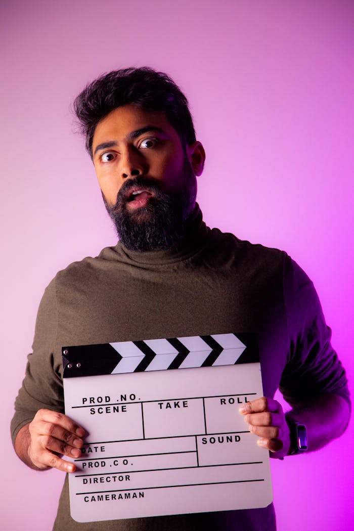 Portrait of a surprised man with beard and mustache holding a clapperboard in a studio setting.