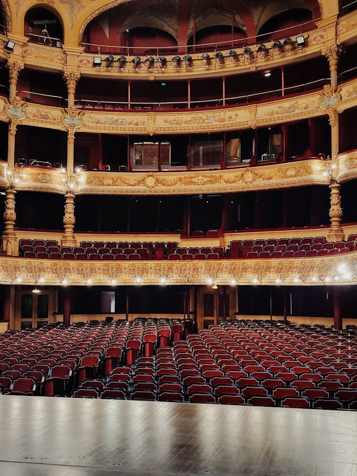 A classic view of an empty opera house with ornate interior architecture and rows of red seats.