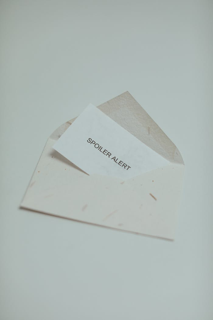 A simple and elegant envelope with a 'Spoiler Alert' card inside on a light background.